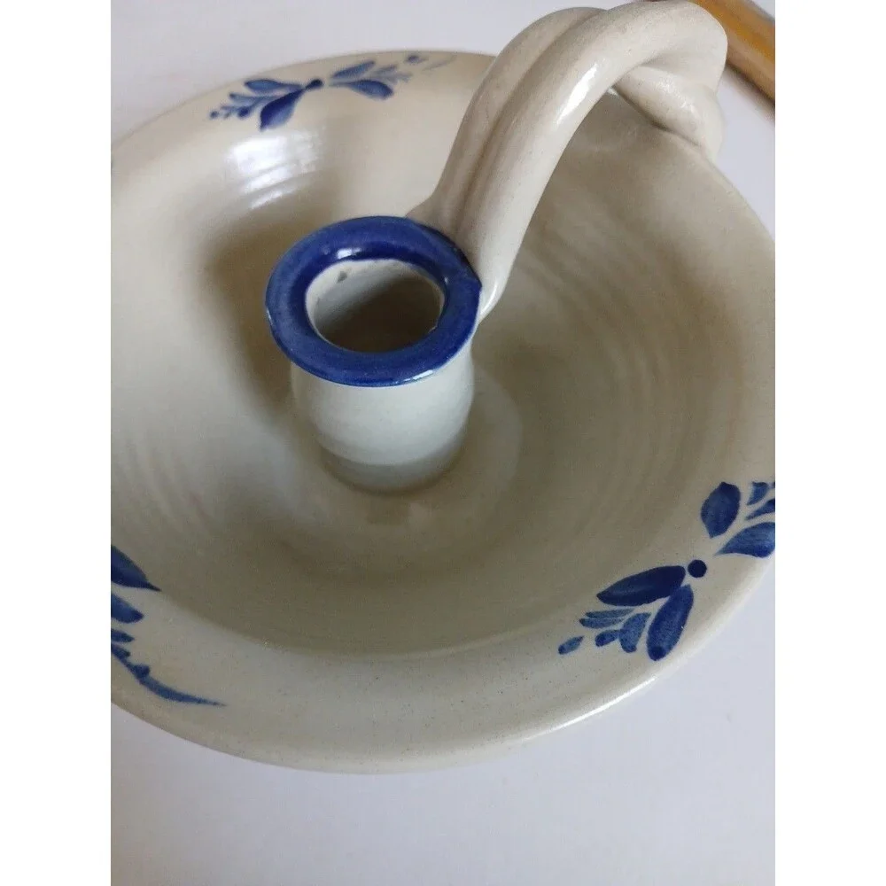 Vtg Williamsburg Pottery Salt Glazed Blue Stencil  Crock Candlestick Holder